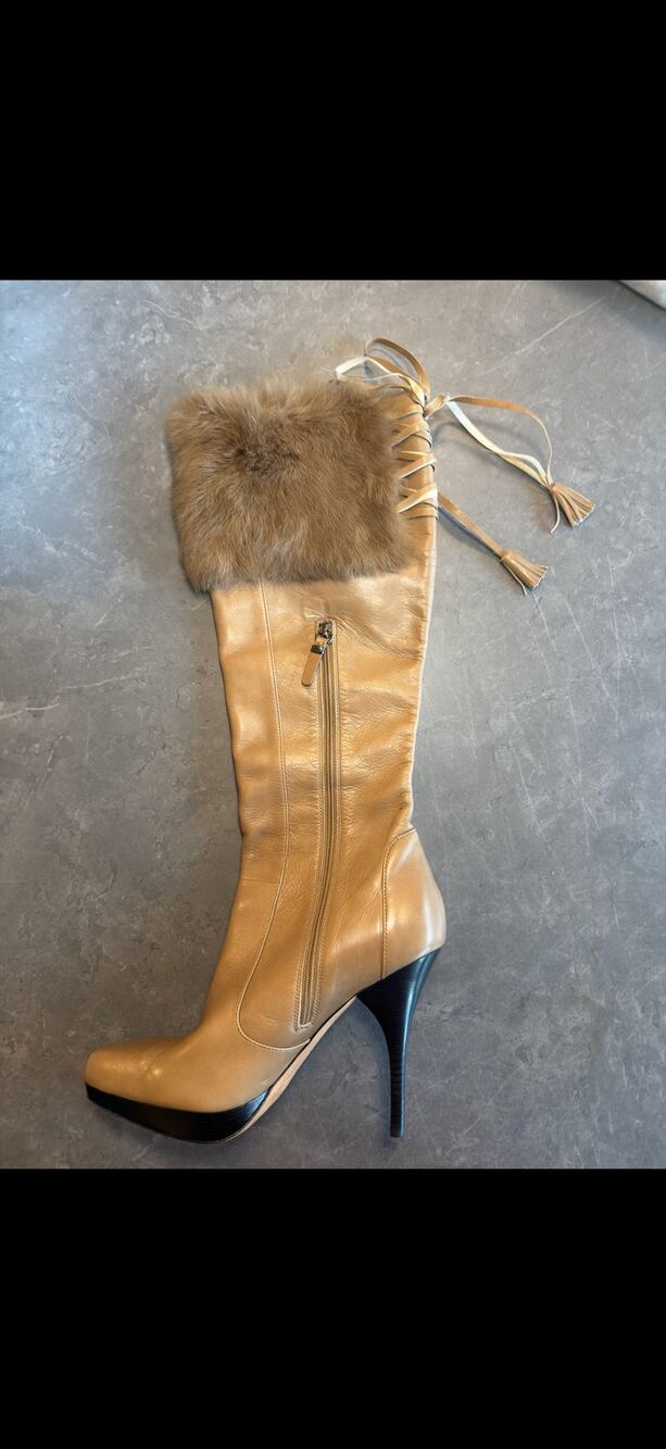 Via Spiga Tan Leather Knee High Platform Stiletto Boots - Women's Size 8.5